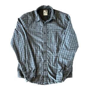 Relwen Mens Gray and Blue Windowpane Chamois Lined Flannel Button Up Shirt | M